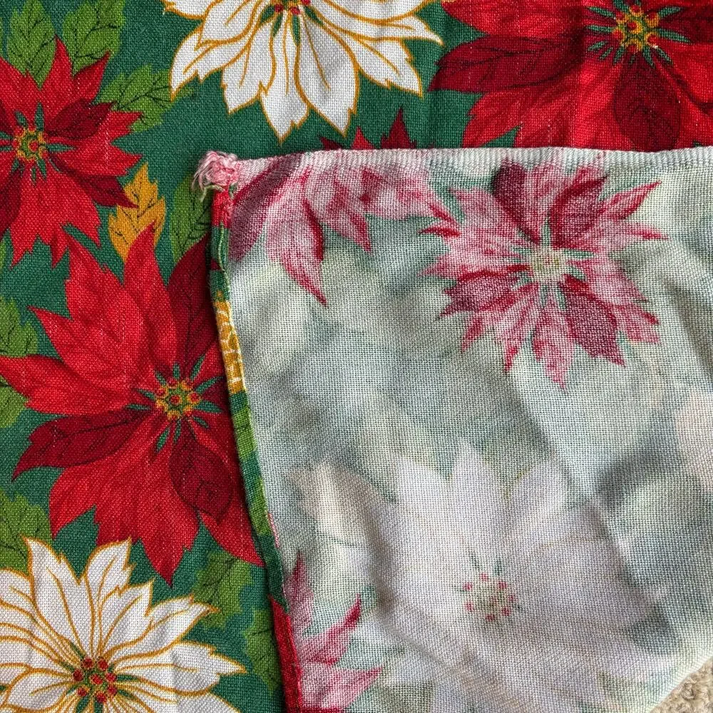 Christmas Tablecloth vintage 70's woven red green white gold poinsettias cloth